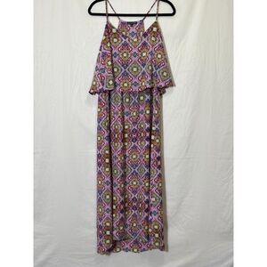 BeBop Women's BOHO Racer Back Ruffled Maxi Skirt Size L Geometric Design